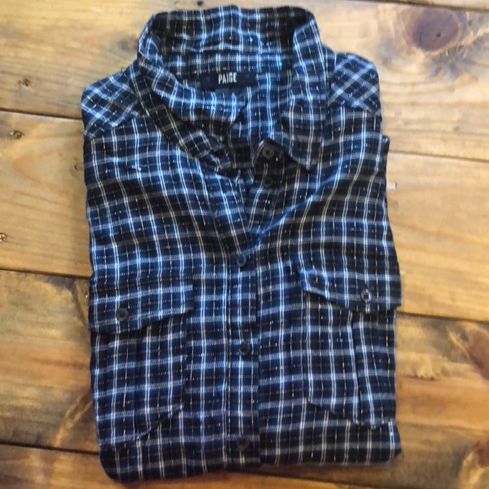 PAIGE plaid metallic threads lightweight blouse cotton/poly blend - Picture 3 of 5